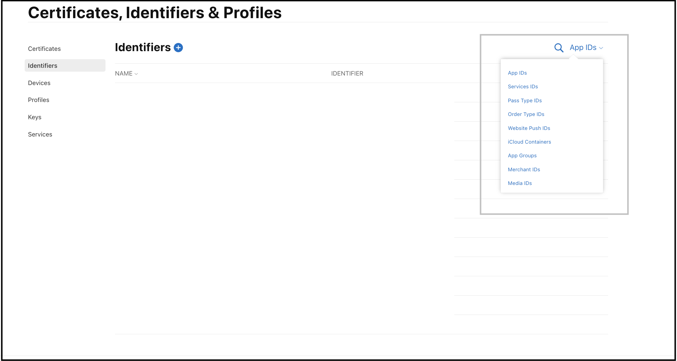 Apple Service IDs Dropdown