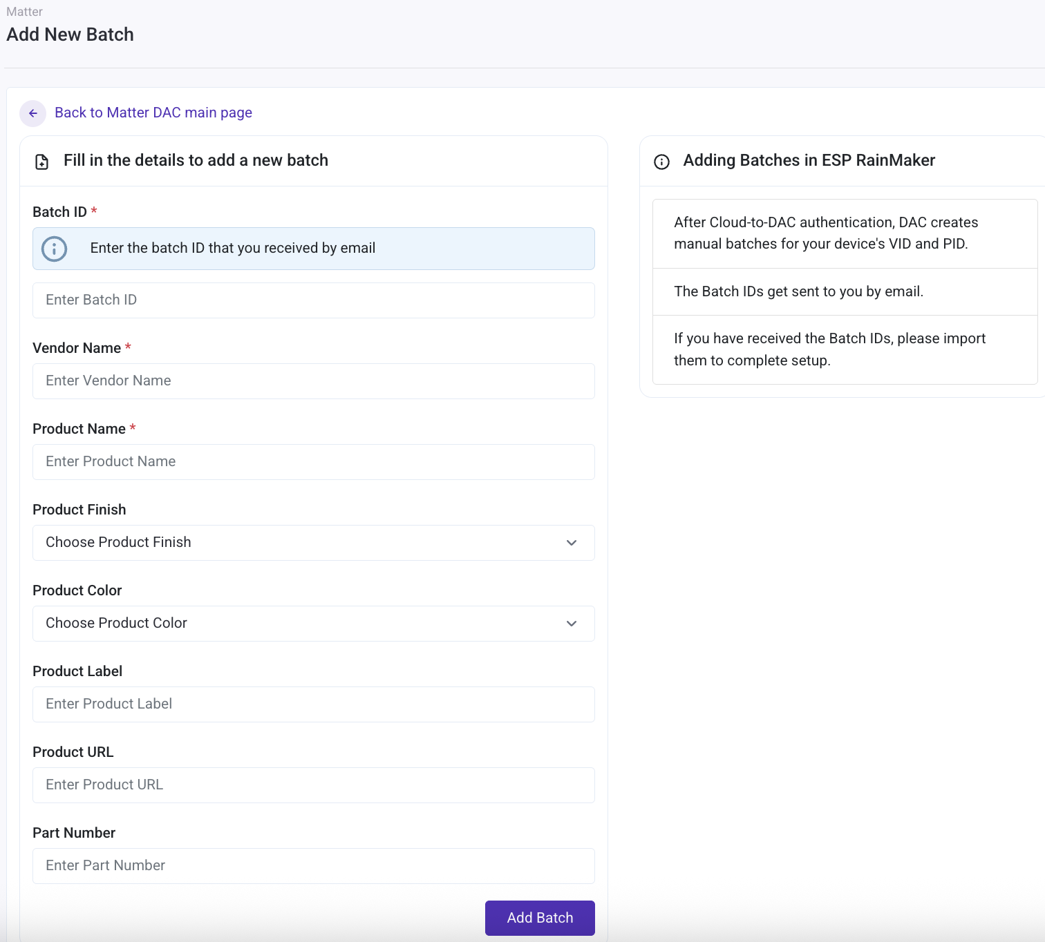 dashboard matter dac batch create