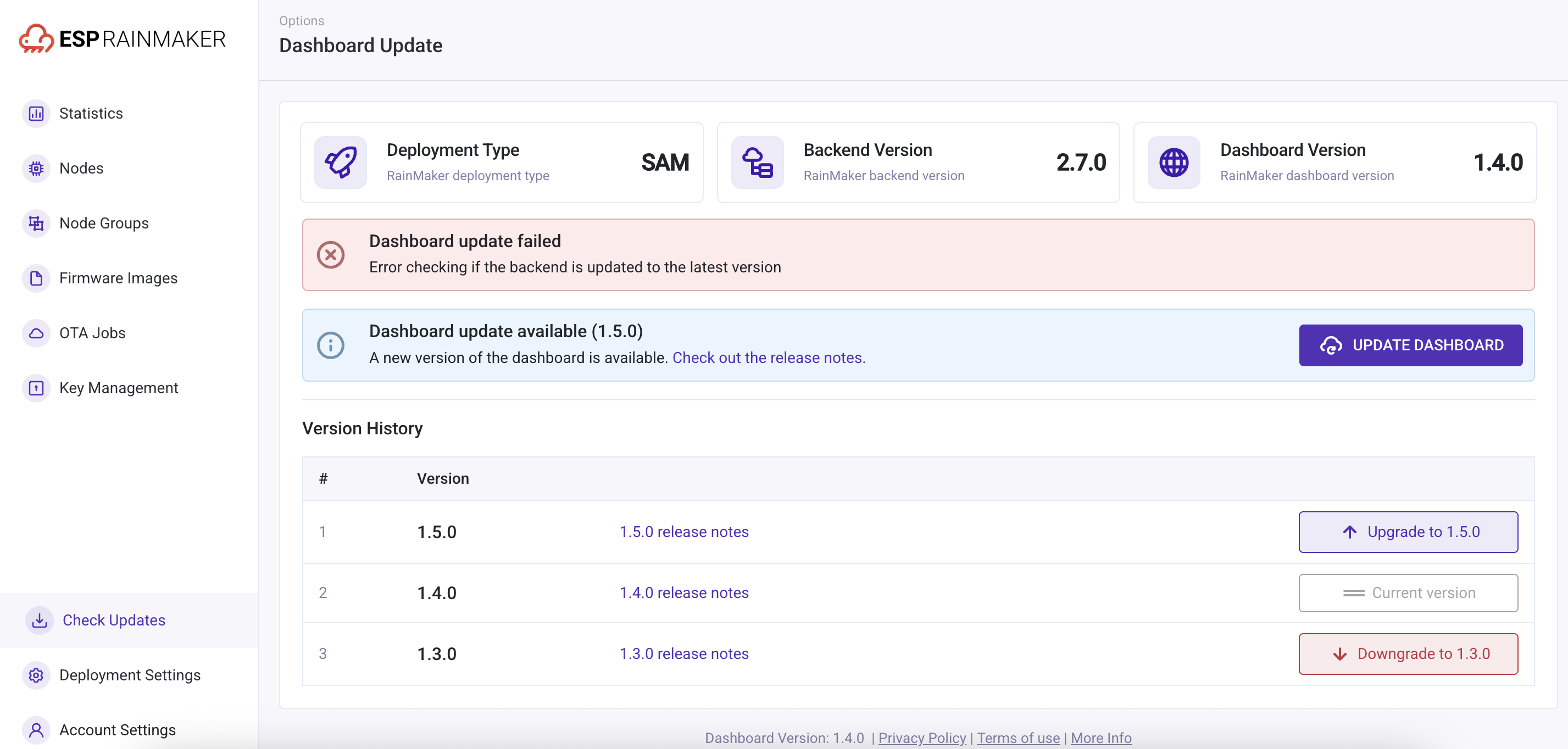 dashboard updated failed