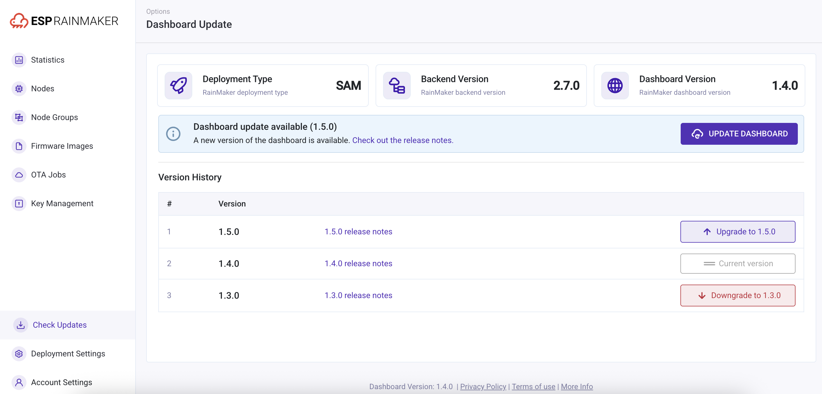 dashboard sam versions available