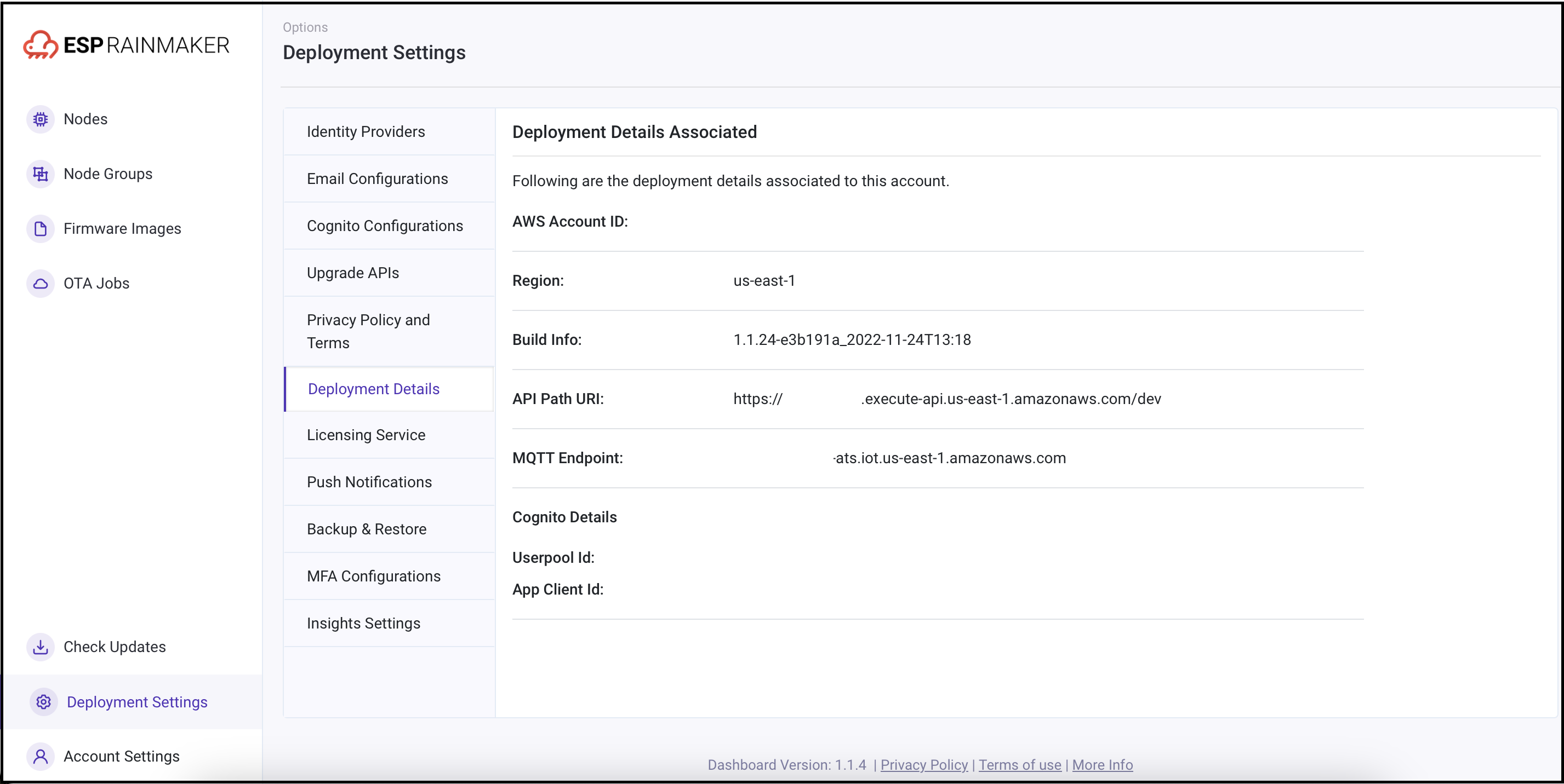 dashboard deployment settings