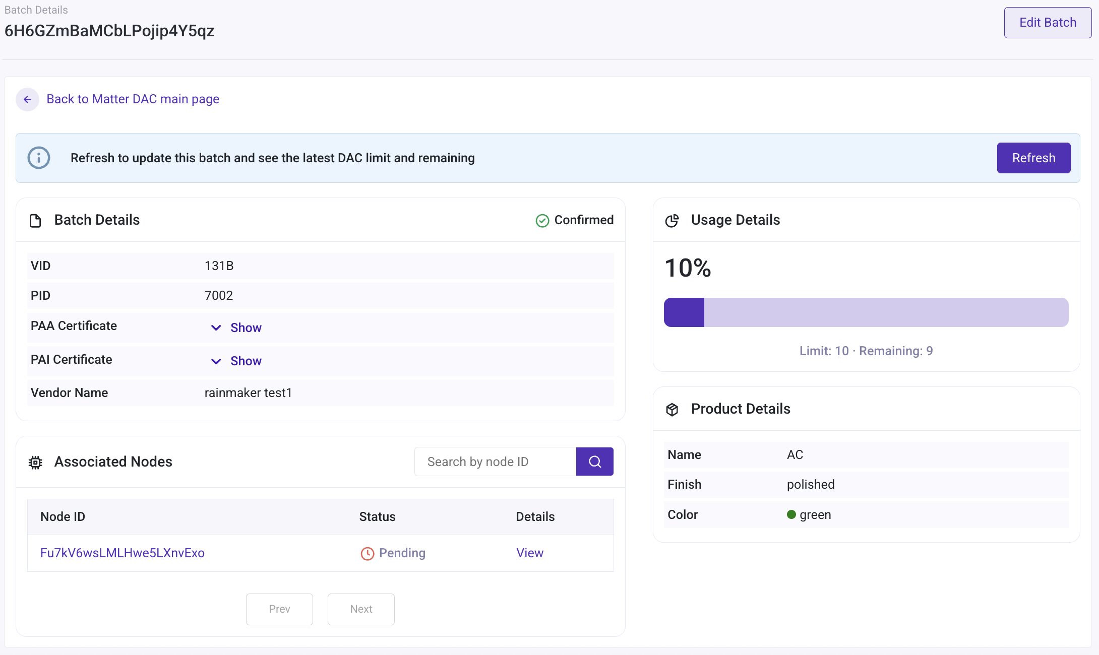 dashboard matter dac batch detatils