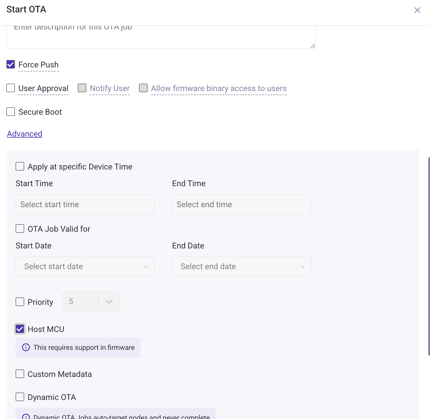 MCU OTA Job dashboard setup